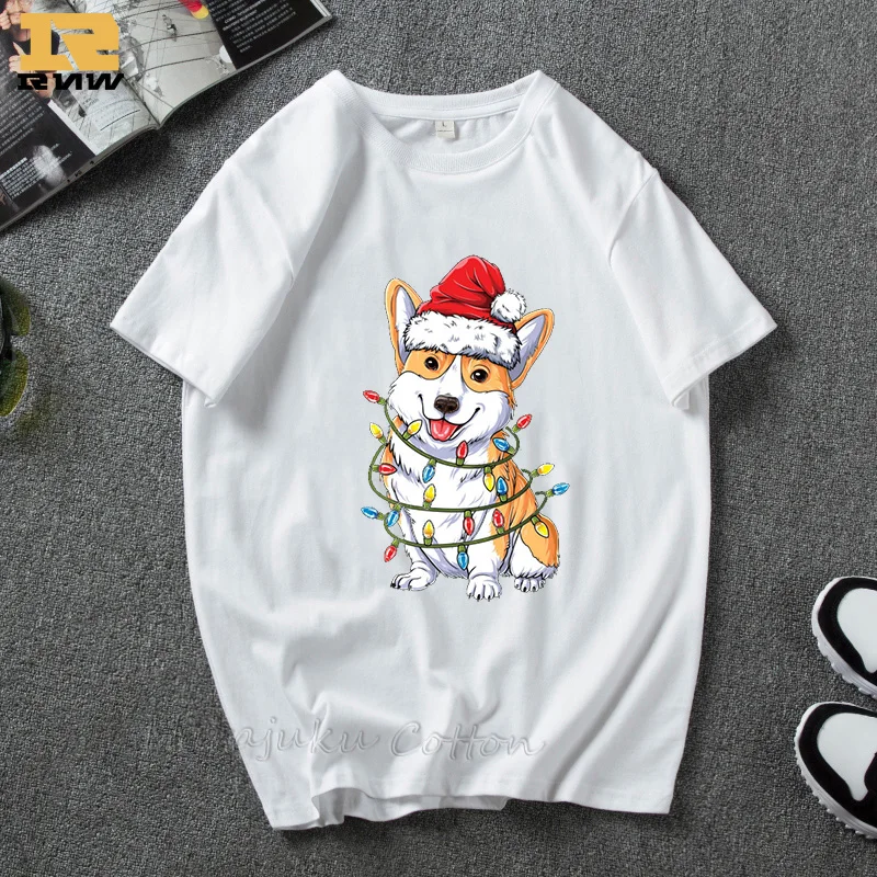 Милая женская и мужская футболка Corgi Santa, одежда Corgi, одежда с рождественской елкой, рождественские подарки, Топы Kawaii, футболка с принтом собаки
