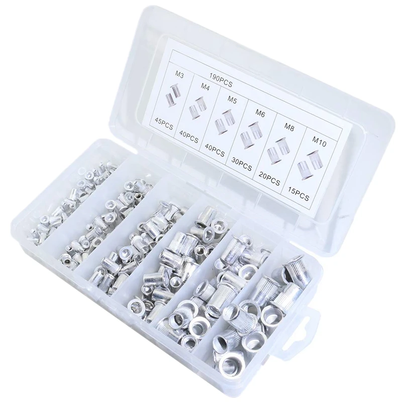 

190Pcs Aluminum Alloy Rivnut Flat Head Threaded Insert Cap M3 M4 M5 M6 M8 M10 Rivet Nut Alumium Rivnut Set