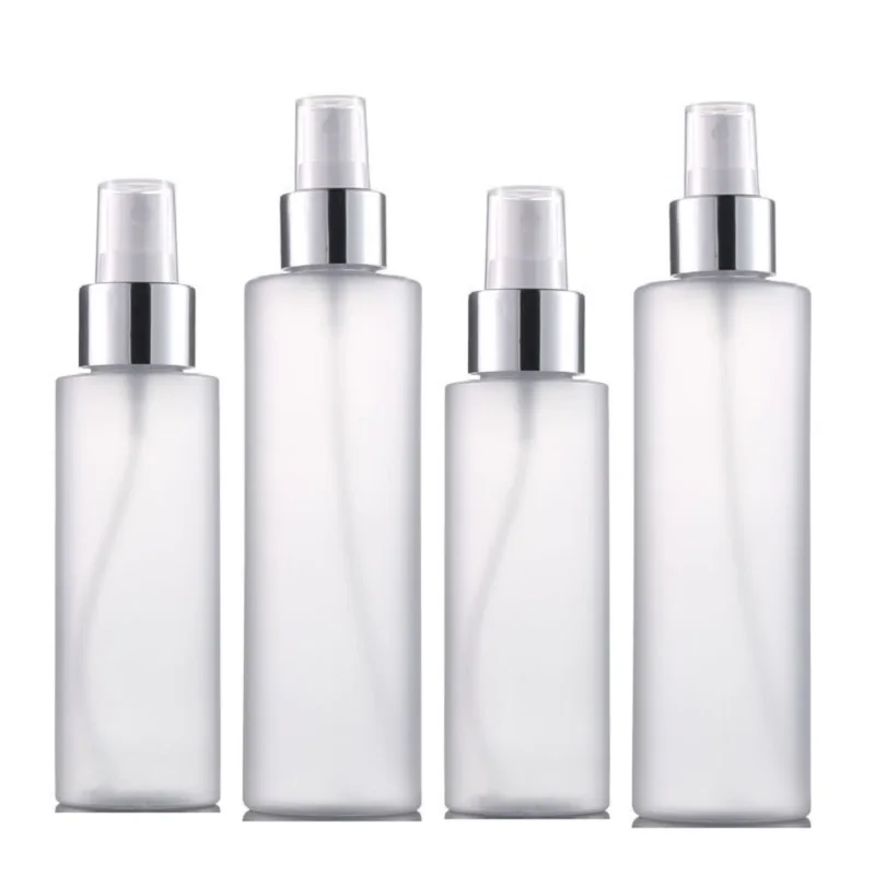 

25pcs Spray Mist Bottle Empty White Frost PET Plastic Silver Ring Atomizer Pump Cosmetic Packaging Refillable Bottle 100ml 200ml