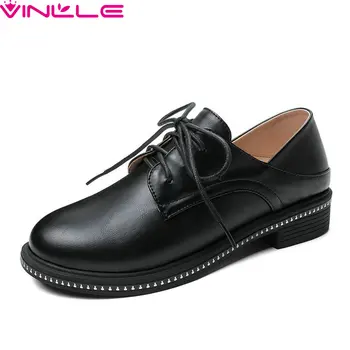 

VINLLE 2020 New Spring Round Toe Lace Up Casual Women Pumps PU Leather Square Low Heel Concise Ladies Single Shoes Big Size34-43