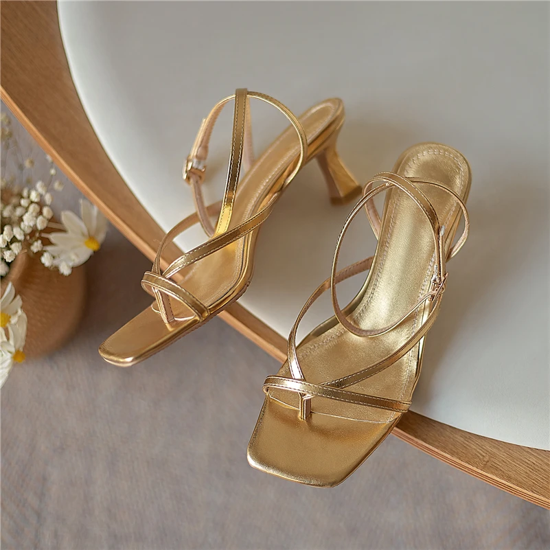 Women High Heels Sandals Genuine Leather Narrow Band Square Toe Thin Heel for Women Summer 43 women high heels platform high heels sandals