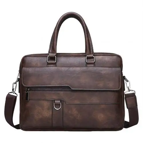 Retro Men Bag Faux Leather Briefcase Solid Large Capacity Tote Shoulder Bag Casual Business Laptop Briefcase - Цвет: BROWN