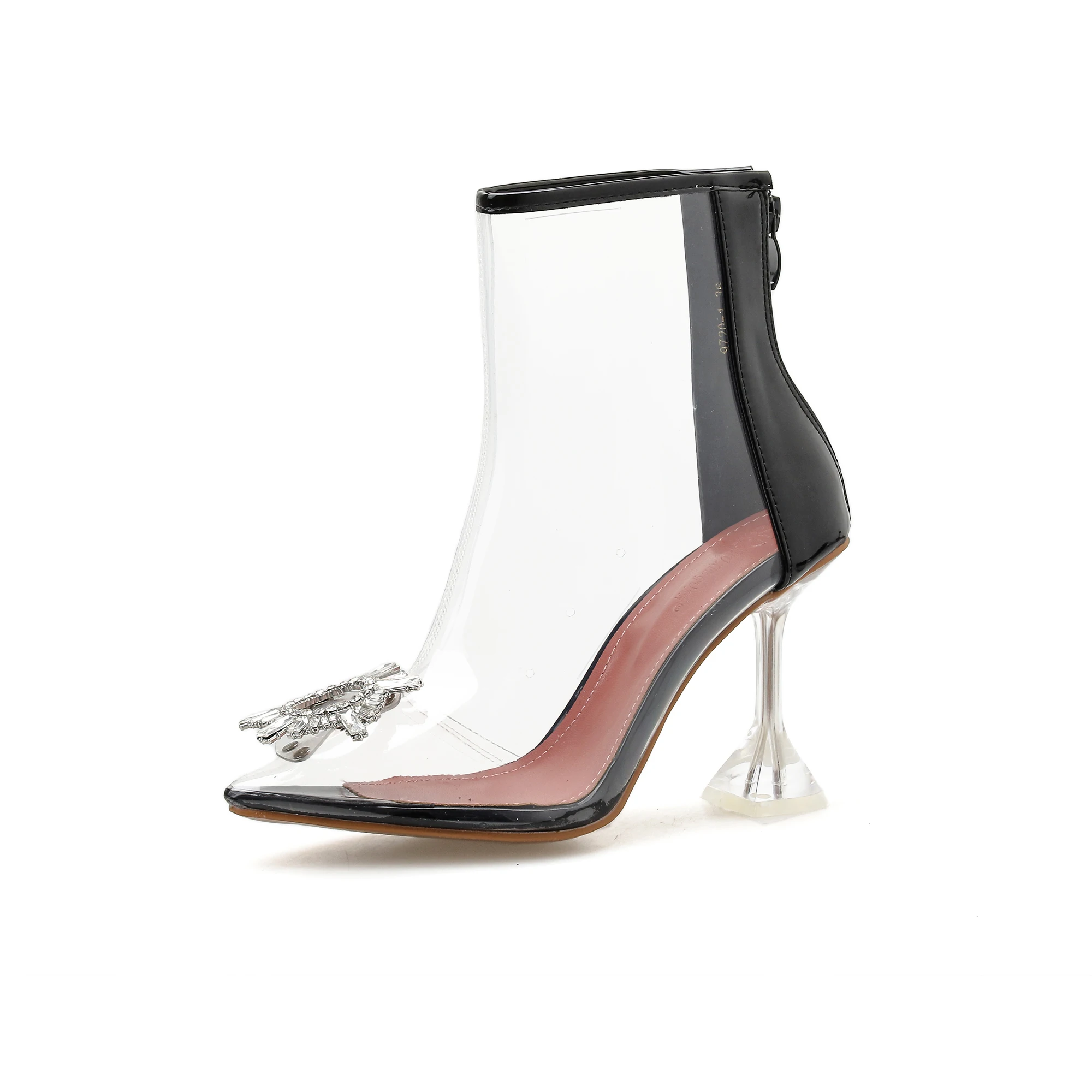 

CJDLY Sexy Autumn Transparent Clear PVC Women Ankle Boots High Quality Pointed toe High Heels Spring Zipper Rhinestone Boots