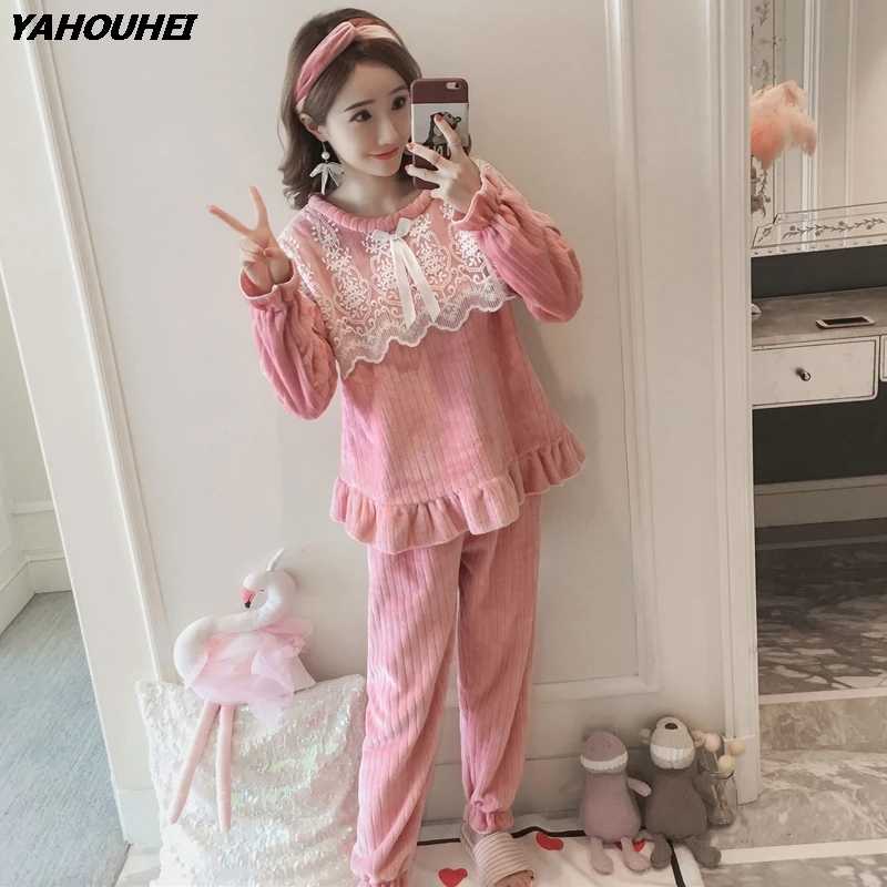 

Thick Warm Mink Velvet Princess Pajamas Sets For Women 2020 Winter Long Sleeve Flannel Pyjama Sweet Girls Lace Homewear Clothing