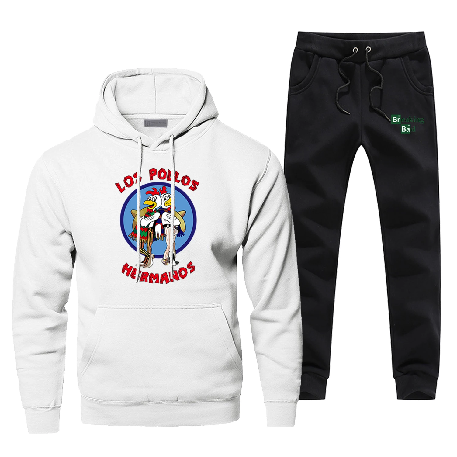 Funny Breaking Bad LOS POLLOS Hermanos Men Warm Streetwear Hoodies+pants Mens 2 Pieces Sets Winter Fleece Tracksuit Sweatshirts - Цвет: White