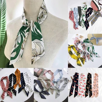 

90*5cm Bohe Floral Print Small Scarf Chiffon Bag Handle Vintage Hair Ties Wristband Wrap Ribbon Hair Band Sweet Hairband Scarves