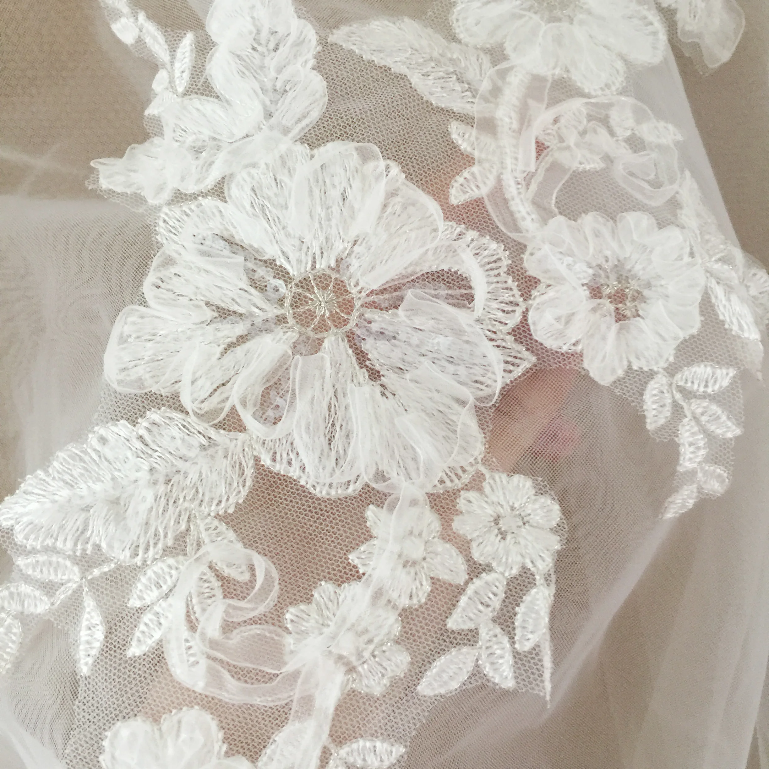 

4 Pieces Exquisite 3D Tulle Bridal Lace Applique in Ivory , Clear Sequin Alencon Flower Motif Lace Patch DIY Accessory