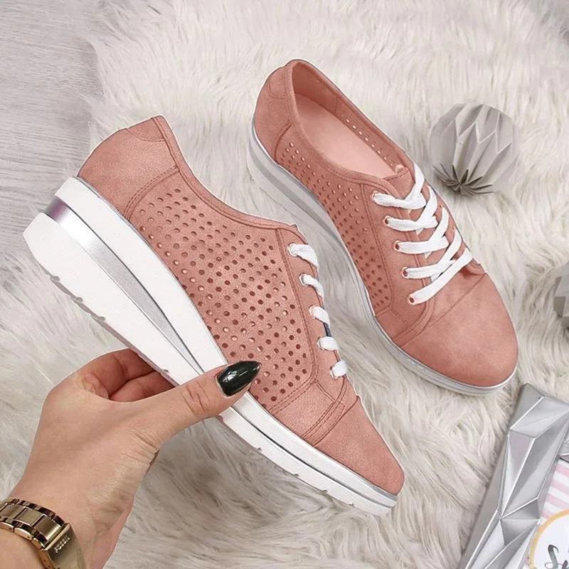 Adisputent Summer Women Wedge Flats Shoes Female Hollow Breathable Mesh Casual Shoes For Ladies Lace Up Flats Loafers Shoes