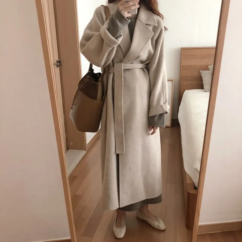Women Wool Long Trench Fashion Korean Autumn Elegant Lapel Fax Cashmere Woolen Coat Oversize Loose Maxi Sashed Korean Coat