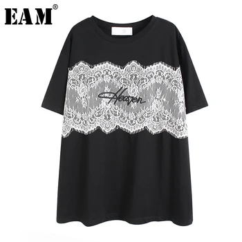 

[EAM] Women Lace Embroidery Letter Printed Big Size T-shirt New Round Neck Half Sleeve Fashion Tide Spring Summer 2020 1U108