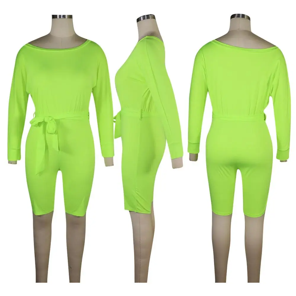 На Одно Плечо сплошной Для женщин Bodycon костюмы «плюс сайз» комбинезон для новорожденных с длинными рукавами повязки неоновый зеленый желтый Клубные пикантные короткие Jumsuits