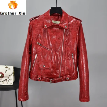 

2020 New Women Faux Soft Leather Bright Side Basic Jackets Faux Pu Motorcycle Rivet Zipper Short Coat Female Punk Outwear