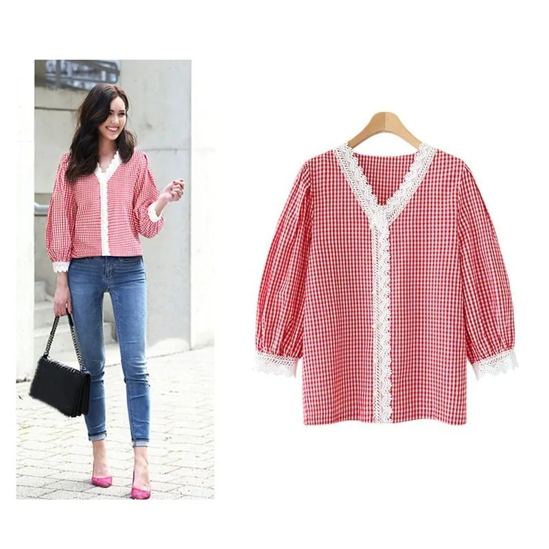

Tide Ladies Spring Sweet Lace Patchwork Plaid Blouses Women V-Neck Lantern Sleeve Loose Shirts