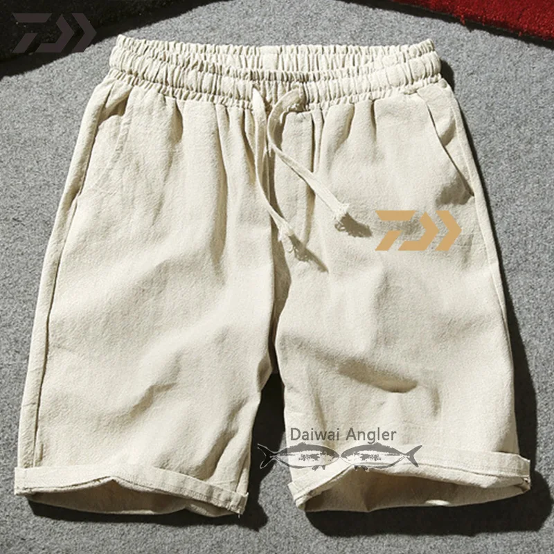 Daiwa брюки для рыбалки Мужская однотонная хлопковая дышащая уличная летняя одежда для рыбалки льняные трикотажные брюки с завязками M-5XL