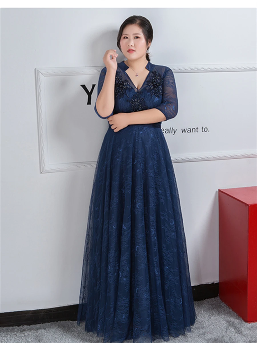 Бисероплетение Вечерние платья Кружева Robe De Soiree темно-синие женские вечерние платья размера плюс рукав три четверти Формальные платья T123