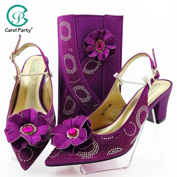 

2020 New Arrival Magenta Color Italian design Shoe with Matching Bags Set Decorated with Rhinestone Nigerian Women Wedding Shoes