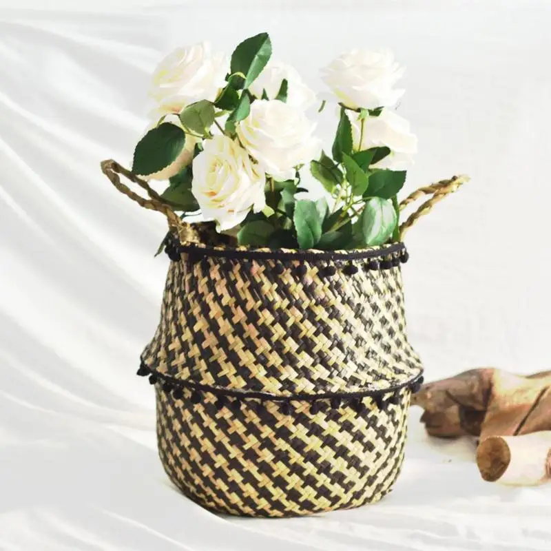 Straw Bellied Basket Foldable Flowerpot Home Storage Planter Pot Organizer