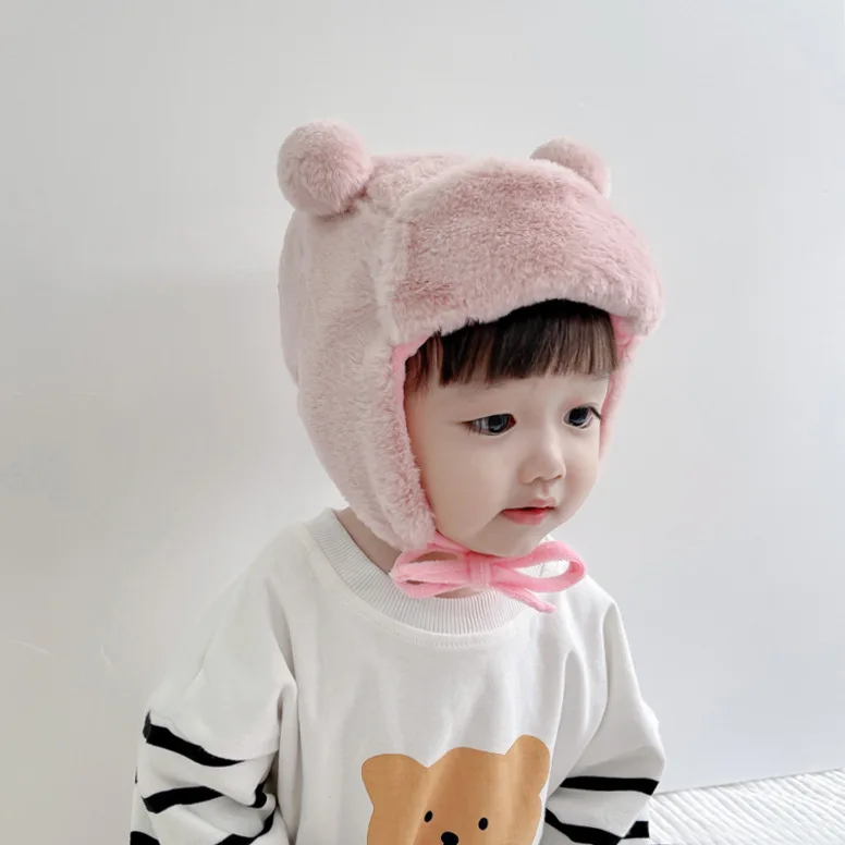 Winter Boy Gril Baby Bomber Hats Cartoon Bear Bonnets Ear-Protection Cap Thickened Windproof Kids Warm Hat Solid Color Caps 1-3Y white camo bomber hat