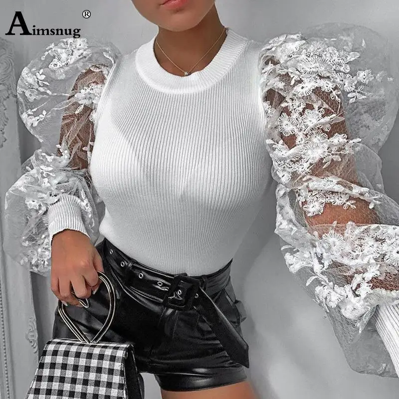 

Aimsnug Splice Lace Panel Puff Sleeve Tops Lapel Neck Shirt 2020 New Autumn Rib Knitted Vintage T-shirt Sexy Fit Elegant Shirts