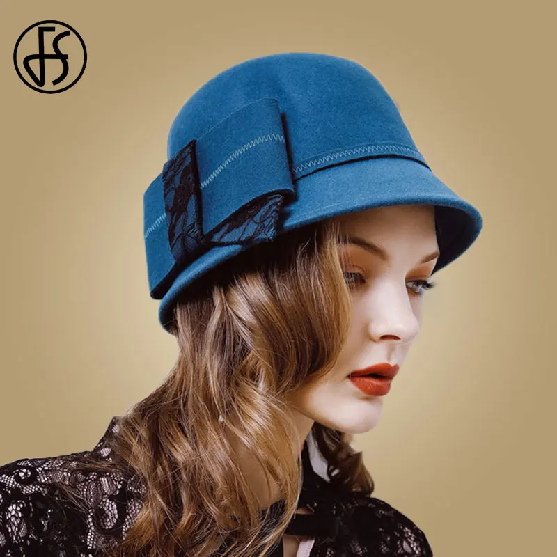 

FS Womens Blue Hats For Church Cloche Hat Wool Felt Fedora Bowknot Wide Brim Bowler Cap Fall Winter Bowler Fedoras Ladies Chapeu