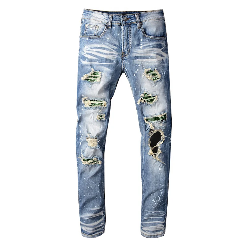 Sokotoo для мужчин кристалл отверстия рваные узкие сильно облегающие джинсы лоскутное состаренные синий стрейч джинсовые штаны