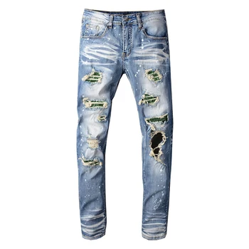 

Sokotoo Men's crystal holes ripped jeans Slim skinny patchwork distressed blue stretch denim pants