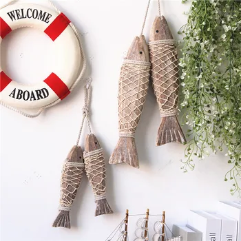 

New 2pcs/set Retro Mediterranean Style Hand Carved Wooden Fish Ornaments For Home Hanging Decor Gift small big size
