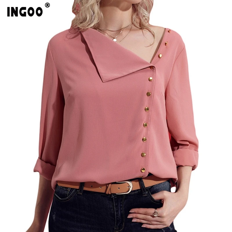

INGOO Office Lady Turn-down Irregular Collar Blouse Autumn Casual Elegance Long Sleeve Button Solid Color Chiffon Women Shirts