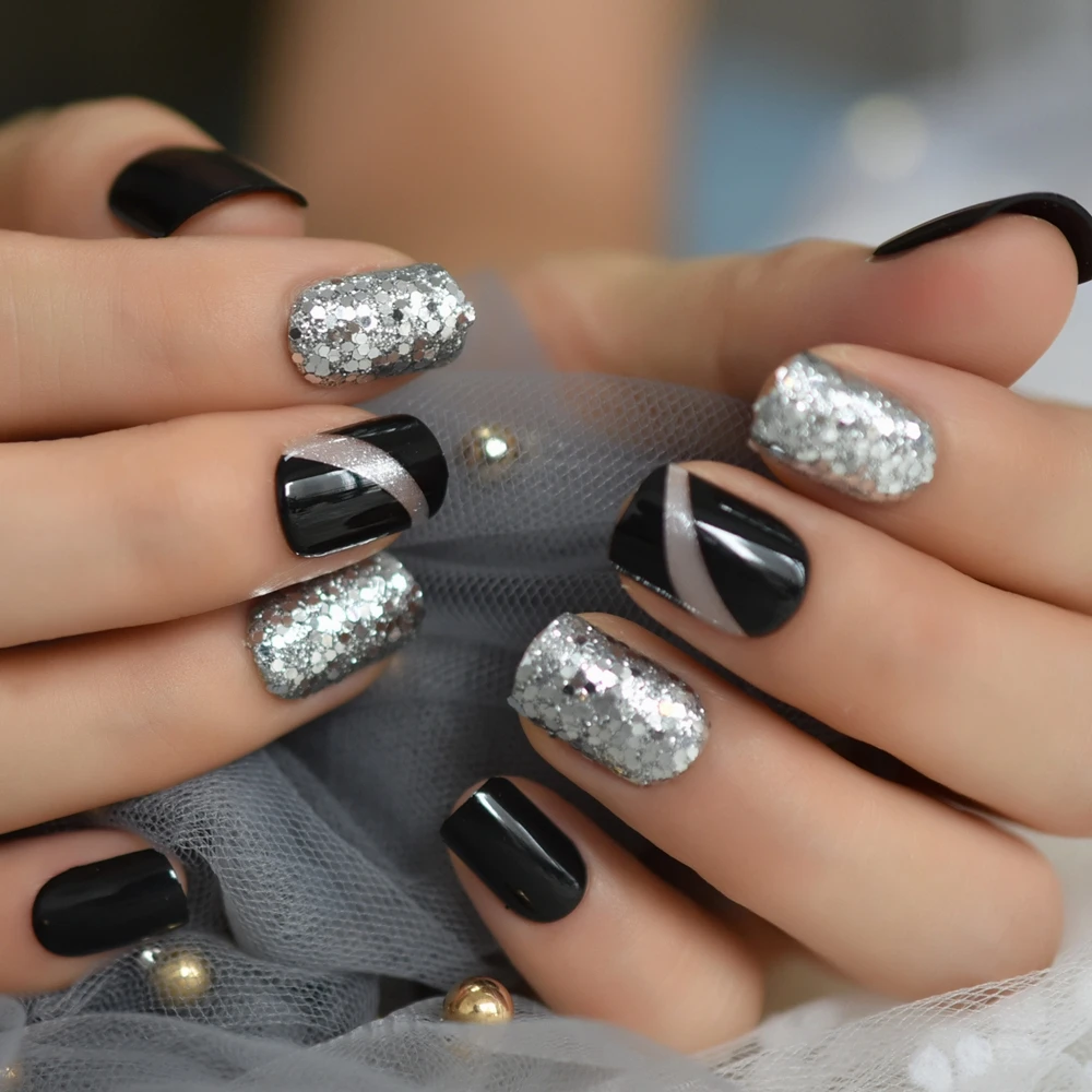 Новое поступление, модные блестящие накладные ногти, черные сверкающие короткие ногти, декоративные квадратные гладкие серые искусственные ногти