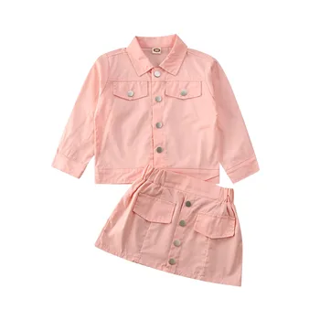 

Toddler Baby Girls Clothes Kds Pink Demin Outfits Long Sleeve Button Coat Tops+A-line Skirt Dress Cute 2020 Fashion 1-5Y