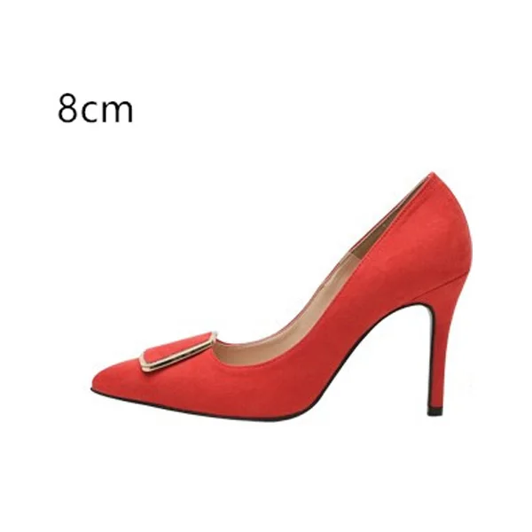 Туфли-лодочки на высоком каблуке; женская обувь; Брендовые женские классические туфли-лодочки на тонком каблуке с металлическим украшением; официальная женская обувь с острым носком - Color: Red Shoes 8cm