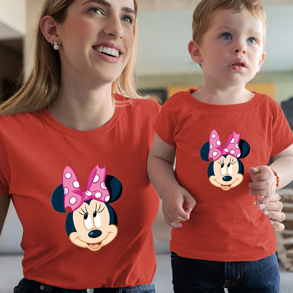 Minnie Mouse Cartoon Matching T shirts Fashion Woman Tee Man Top Casual Round Neck Couple Clothes Color Series Family Look plus size matching family outfits