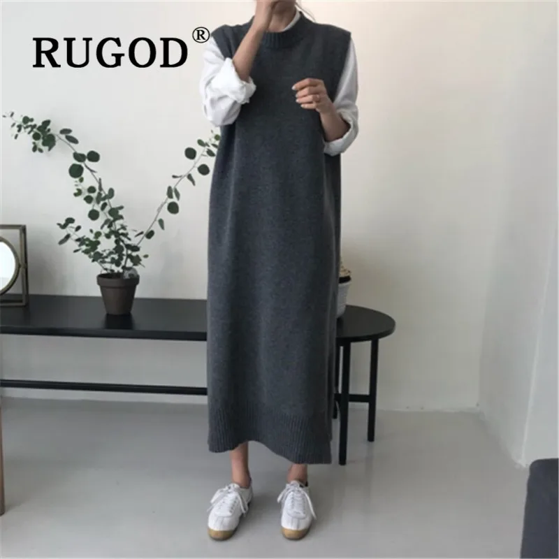 RUGOD 2019 новое зимнее однотонное платье свитер для женщин с круглым вырезом без