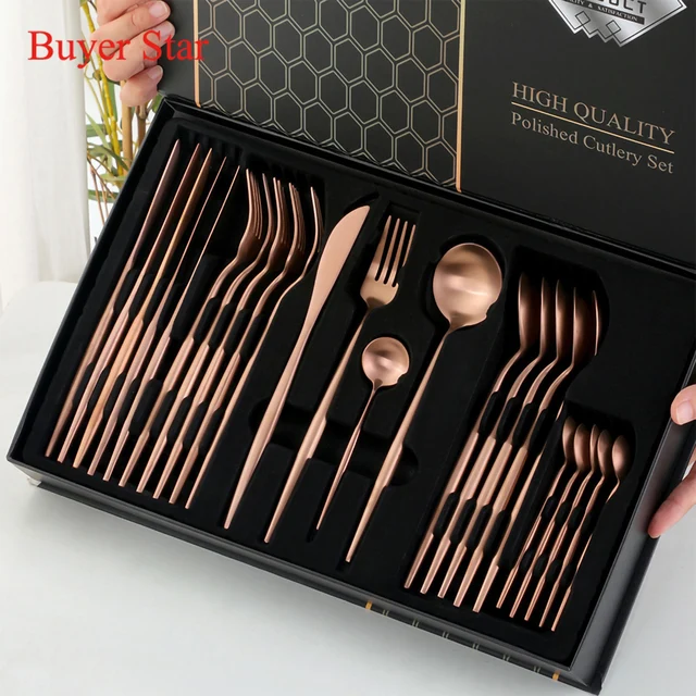 24Db Rozsdamentes Acél Arany Asztali Edények Villa Kanálkés Evőeszközök Szett 6 Étkészlet Vacsora Szálloda Ajándékdoboz - Image 5