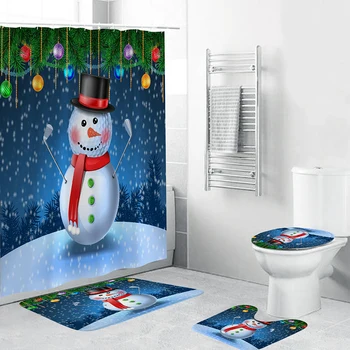 

4PCS Modern Christmas Pattern Shower Curtain Set Mat Toilet Cover Shower Curtain Bath Seat Covers For Bathroom Decor --M