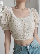 

HEYounGIRL Kawaii Women Puff Sleeve Crop Tops Floral Print Y2K Slim Square Collar Buttons Summer T Shirts Korean Aesthetic Tee