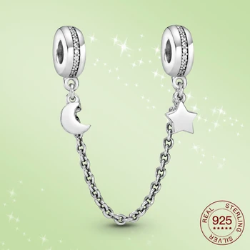

925 Sterling Silver Safety Chain Stars And Moon Sparkling CZ Prevent Falling Suitable For Bracelets Fit Original Pandora Gift
