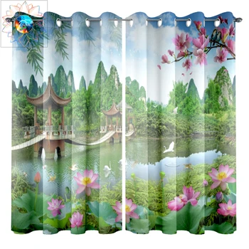 

Lotus Flowers Curtains For Living Room Pond Suspension Bridge Double Bedroom Blackout Curtains cortinas para sala de estar Tende