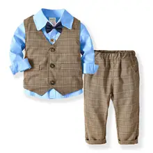 Комплекты одежды для маленьких мальчиков, одежда джентльмена, хлопковая рубашка в полоску+ жилет+ комбинезон, 3 предмета, Одежда для новорожденных, костюмы для детей 1-5 лет