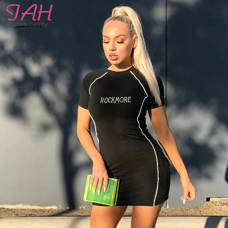 

Iamhotty Summer Dress Short Sleeve Round Neck Letter Print Vestidos Verano 2019 Mujer Solid Casual Bodycon Dress Fashion Mini