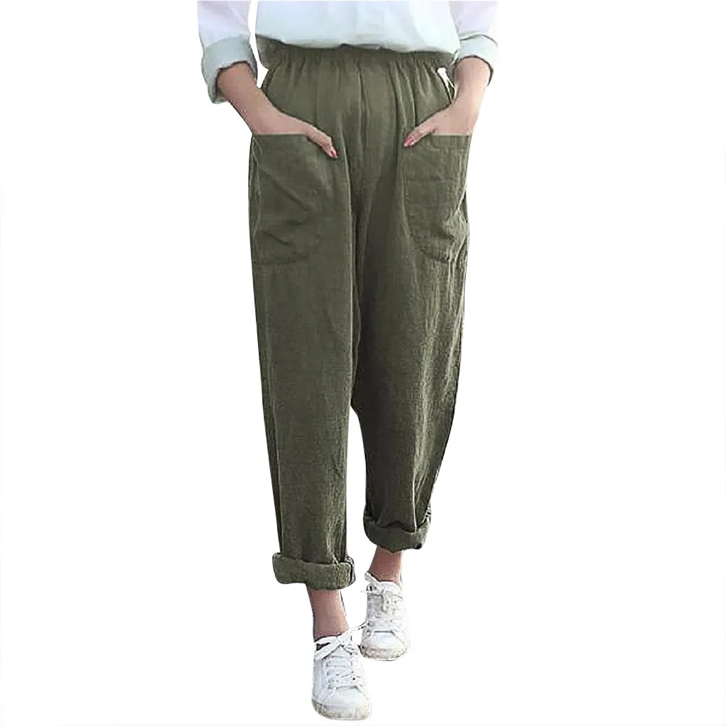 S-5XL, модные повседневные женские брюки размера плюс, одноцветные легкие брюки с карманами, эластичная резинка на талии, свободные широкие брюки, Прямая поставка, Aug6
