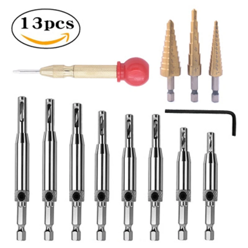 

13pcs/set Woodworking Step Drill Bit Pagoda Hinge Center Punch Tapper Cone Hole
