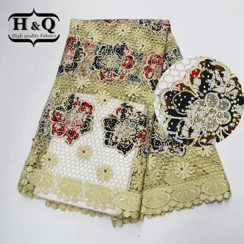 

Most Popular 2019 African Cord Lace Guipure Lace Water Soluble Lace With Wax Prints Fabric With Stones and Beads For Women Dress