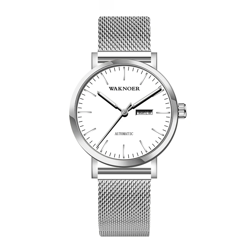 WAKNOER автоматические часы мужские водонепроницаемые светящиеся роскошные часы из розового золота простой стиль светящиеся механические часы с календарем в минималистическом стиле - Цвет: silver white