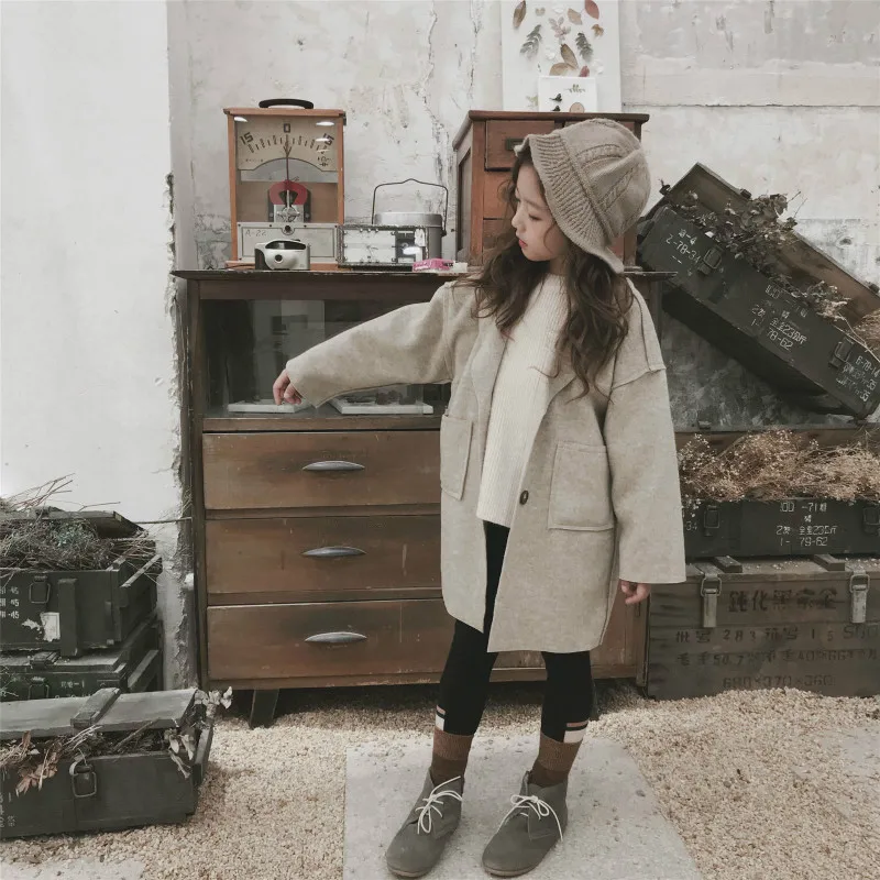 

2019 Autumn and Winter Girls Long Style Coat Baby Girls New Design Solid Windbreaker Kids Fashion Turn-down Collar Jacket,
