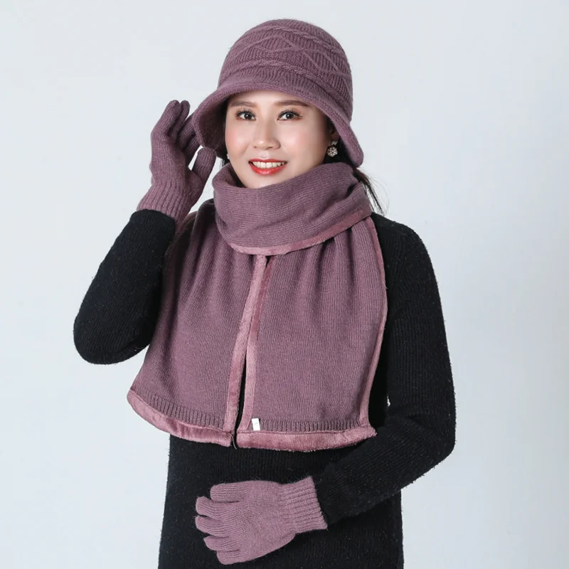 SUOGRY New Women's Knitted Hat Female Solid Color Scarf gloves And Hat Set Winter Rabbit Thick Fur Warm Beanies Ms. Middle Caps - Цвет: medium purple