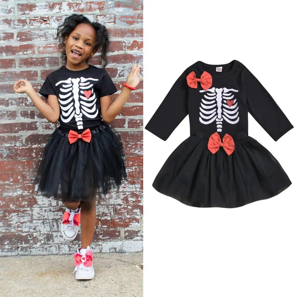 

Kids Clothes Set Toddler Baby Girls Halloween Skull Print Long Sleeve Tops+Bowknot Skirt 2PCS Set