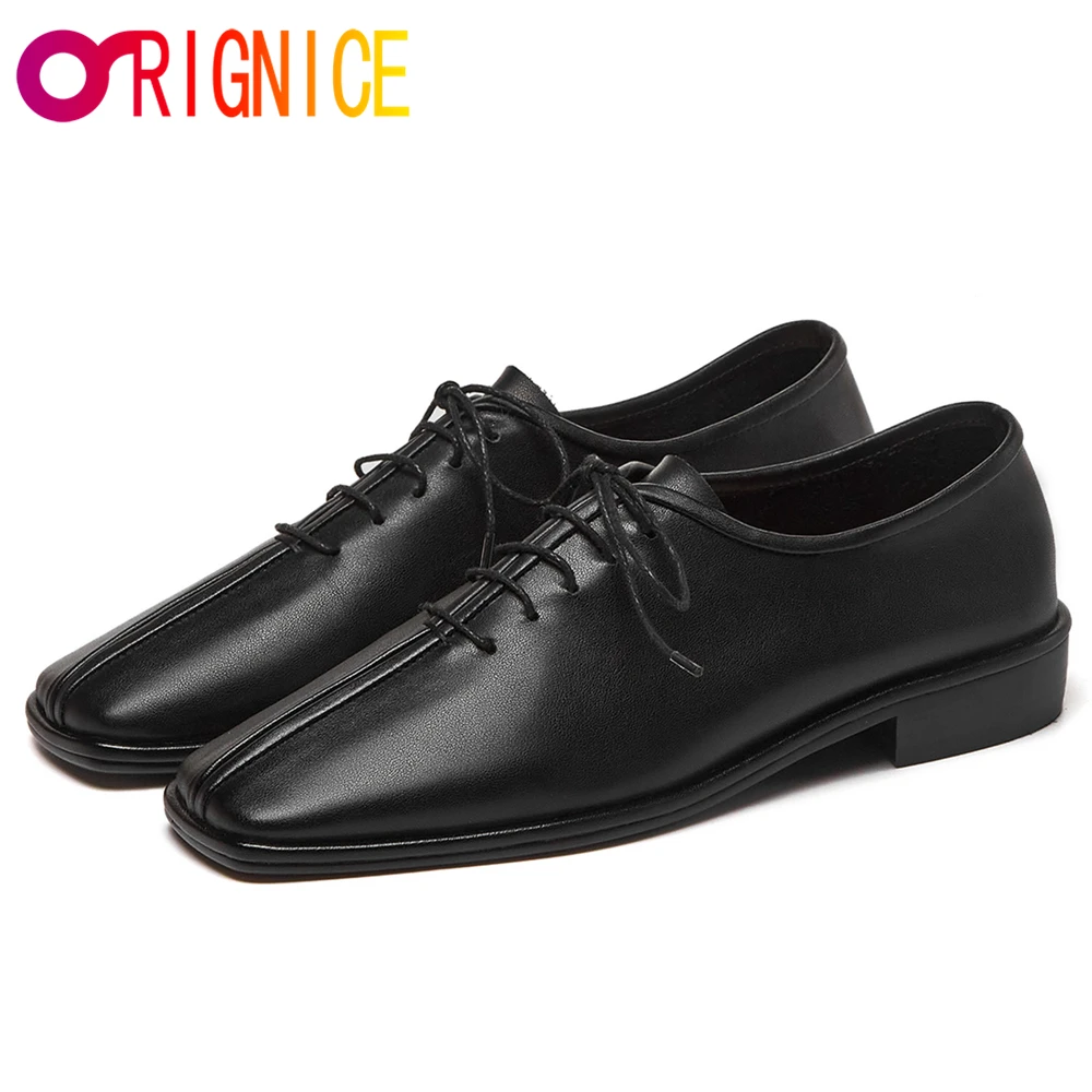 

Orignice New Arrival Women Full Genuine Leather Flats Fashion Square Tow Lace Up Solid Color Casual Street Shoes Handmade