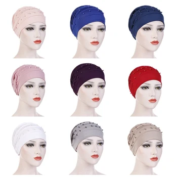 

New Hexagonal Folding Pile Cap Solid Color Beaded Muslim Baotou Hat Women'S Makeup Headscarf Cap