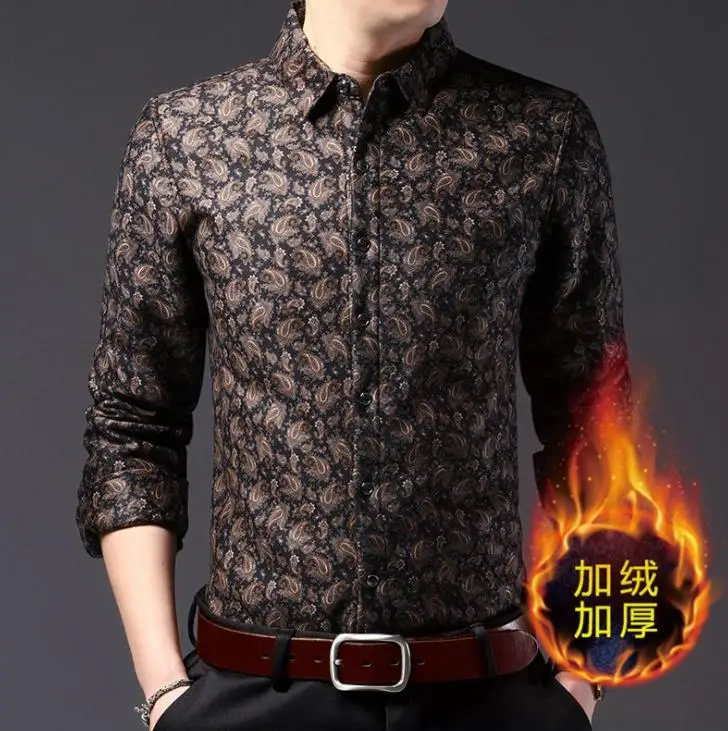 Мужская зимняя рубашка, Мужская бархатная рубашка, модная, с принтом пейсли, с цветочным принтом, с длинным рукавом, повседневная, толстая, с подкладкой, велюровая, теплая, рубашка